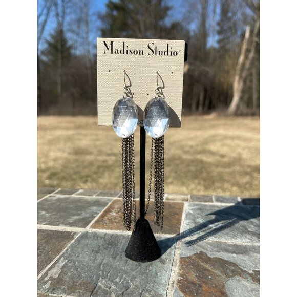 Vtg Sterling Silver Jewelry Pierced Dangle Oval Faceted Earrings MADISON STUDIO - Picture 1 of 4